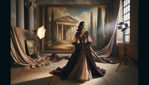 Photographie de mode vintage avec mannequin en haute couture devant décor peint inspiré de paysages romantiques classiques