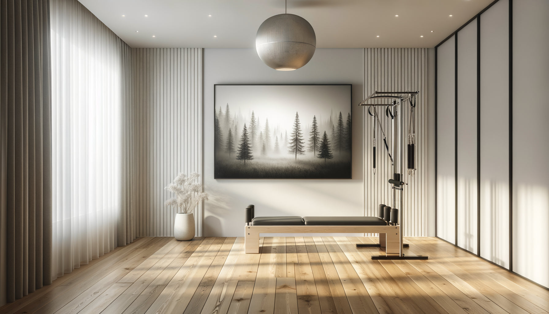 Photographie noir et blanc de forêt brumeuse accrochée dans studio de Pilates minimaliste contemporain