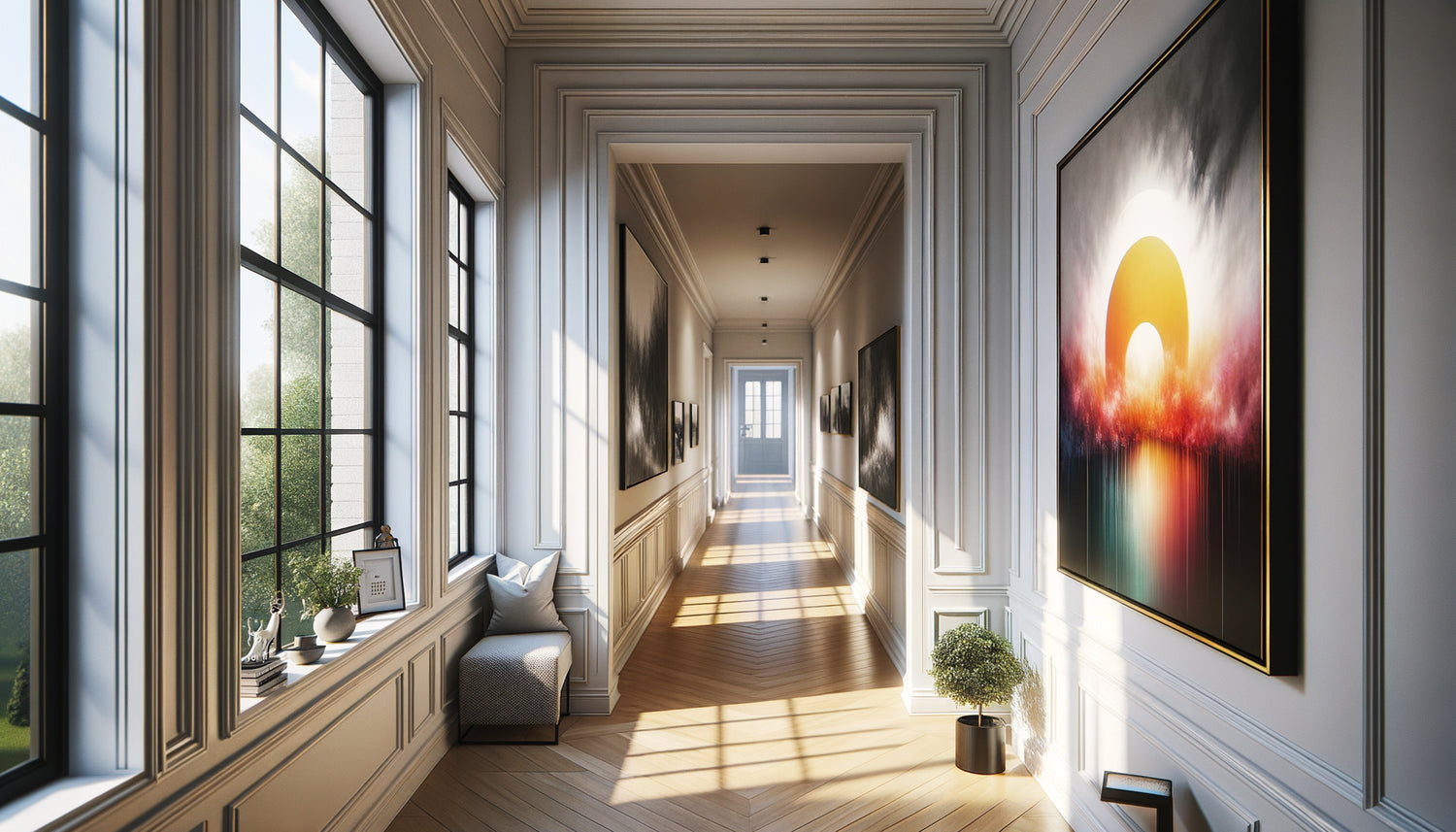 Couloir contemporain avec photographie encadrée d'un côté et peinture de l'autre, comparaison décorative réaliste