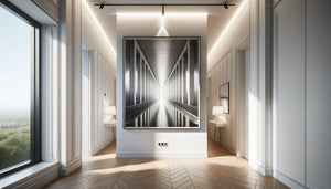 Couloir moderne avec photographie encadrée de pont architectural créant une continuité visuelle symbolique de transition