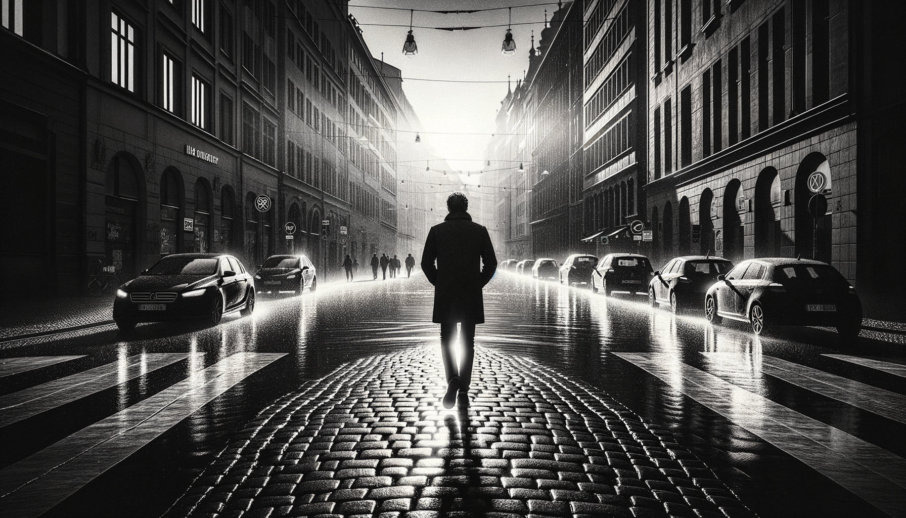 Photographie de rue noir et blanc intemporelle, silhouette urbaine dans jeu d'ombres dramatique, essence émotionnelle pure