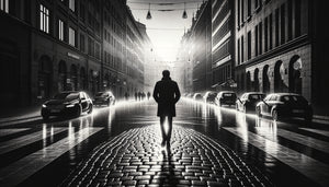 Photographie de rue noir et blanc intemporelle, silhouette urbaine dans jeu d'ombres dramatique, essence émotionnelle pure