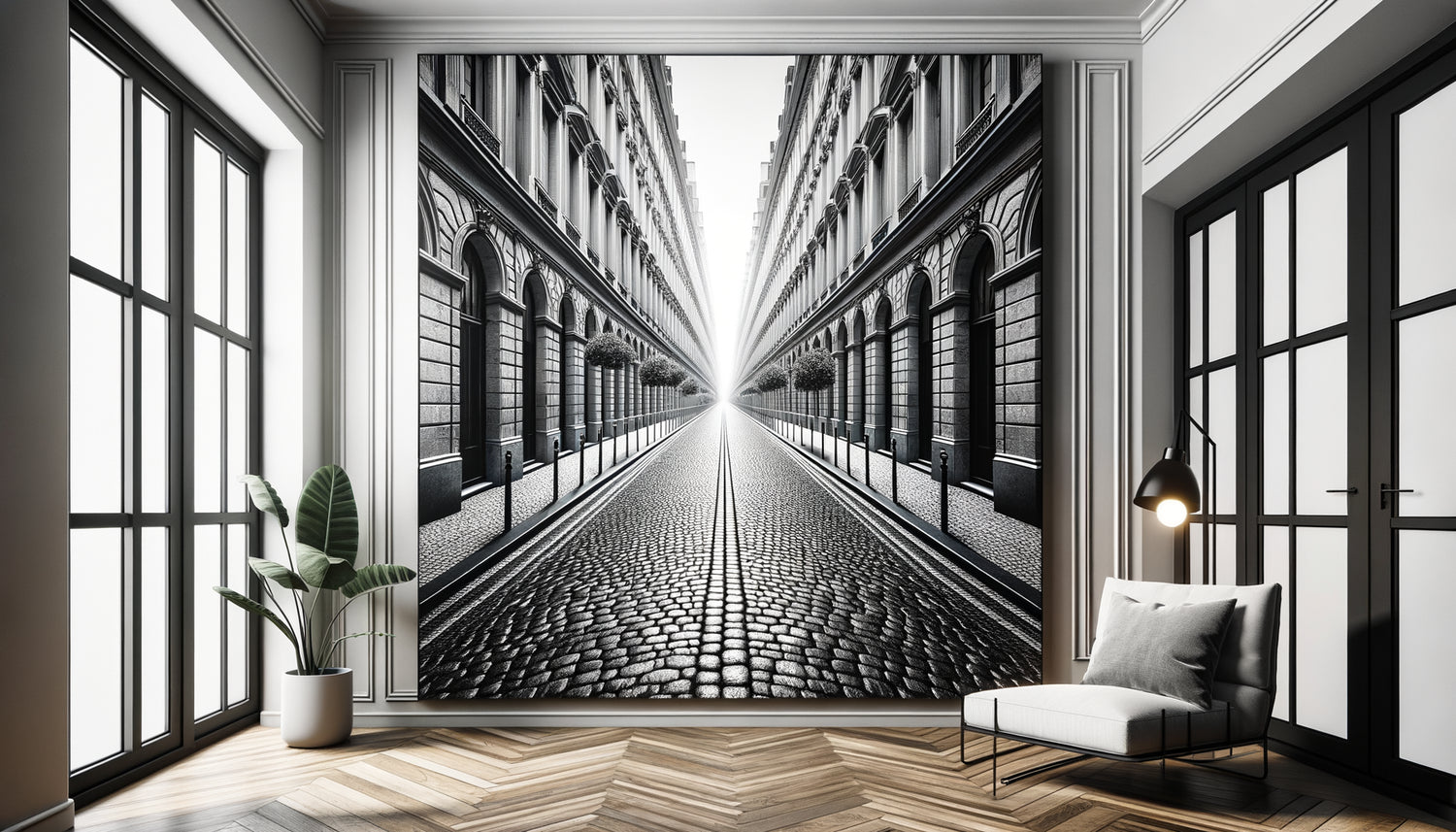 Photographie urbaine en perspective installée dans un couloir créant une illusion de prolongement spatial et de passage