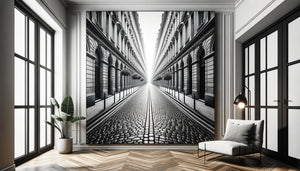 Photographie urbaine en perspective installée dans un couloir créant une illusion de prolongement spatial et de passage