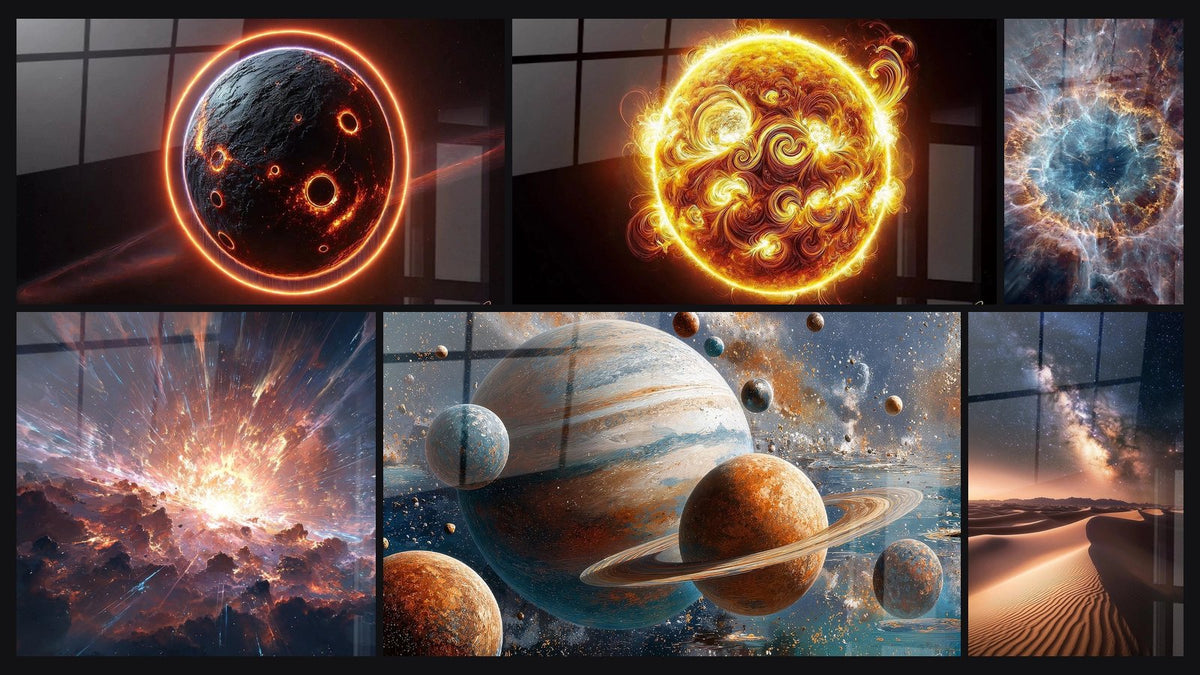 Mozaïek van zes schilderijen, waaronder Bewaker van het Licht, Kosmische explosie en Spiraalnevel