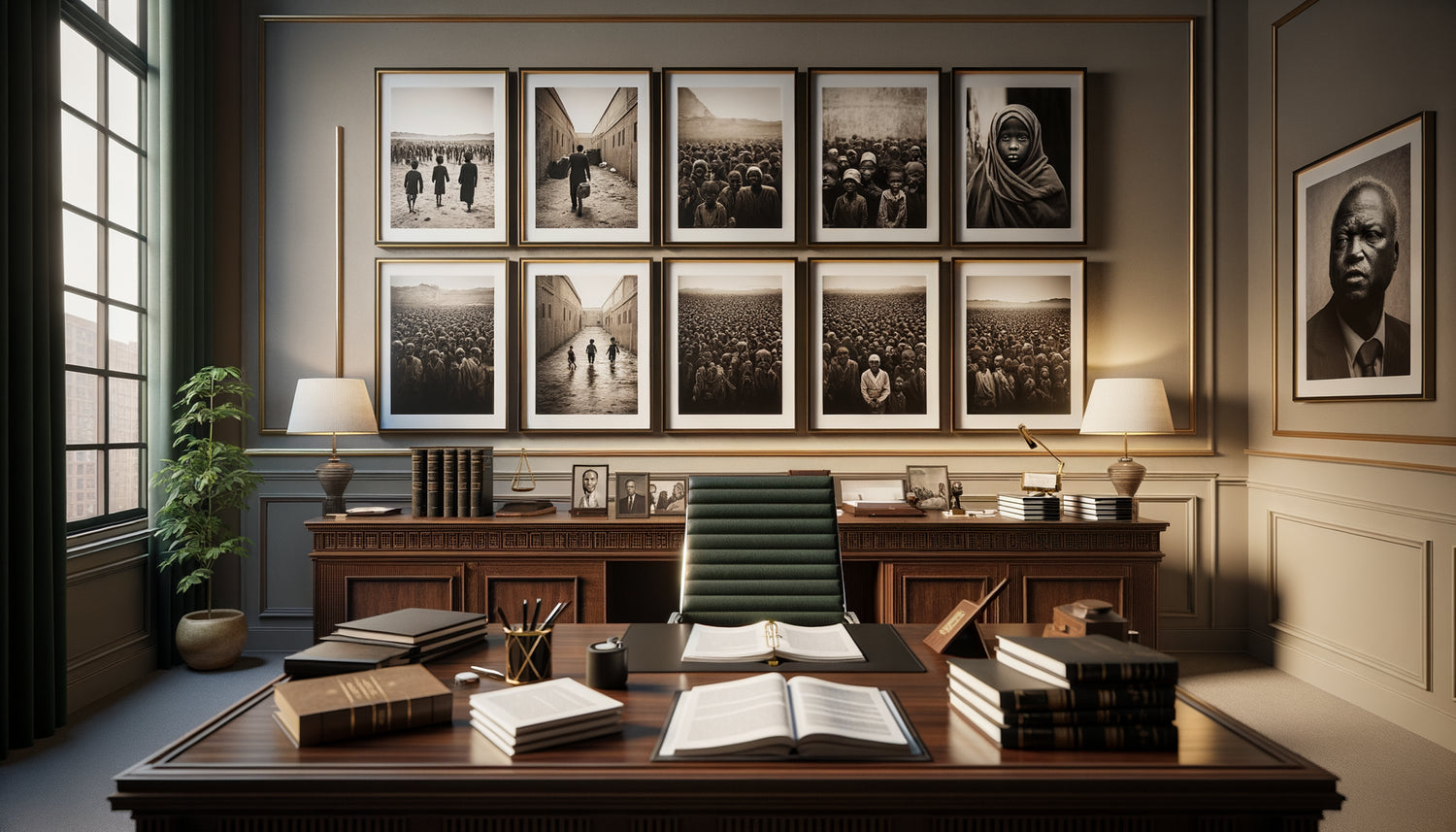 Cabinet juridique avec photographies documentaires humanitaires encadrées illustrant l'engagement social et le professionnalisme