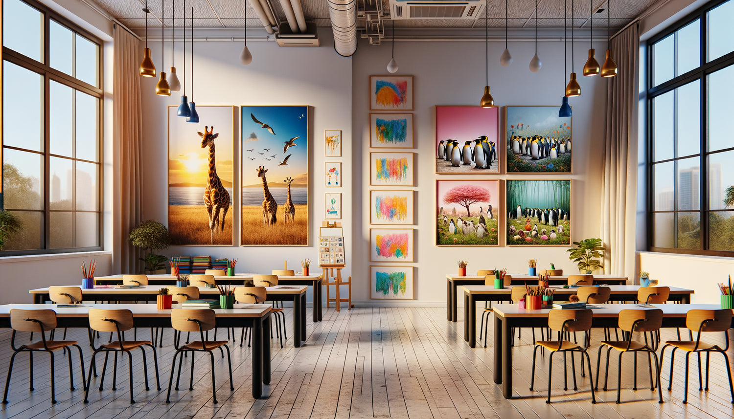 Mur de classe élémentaire montrant photographies documentaires animalières d'un côté et peintures artistiques colorées de l'autre