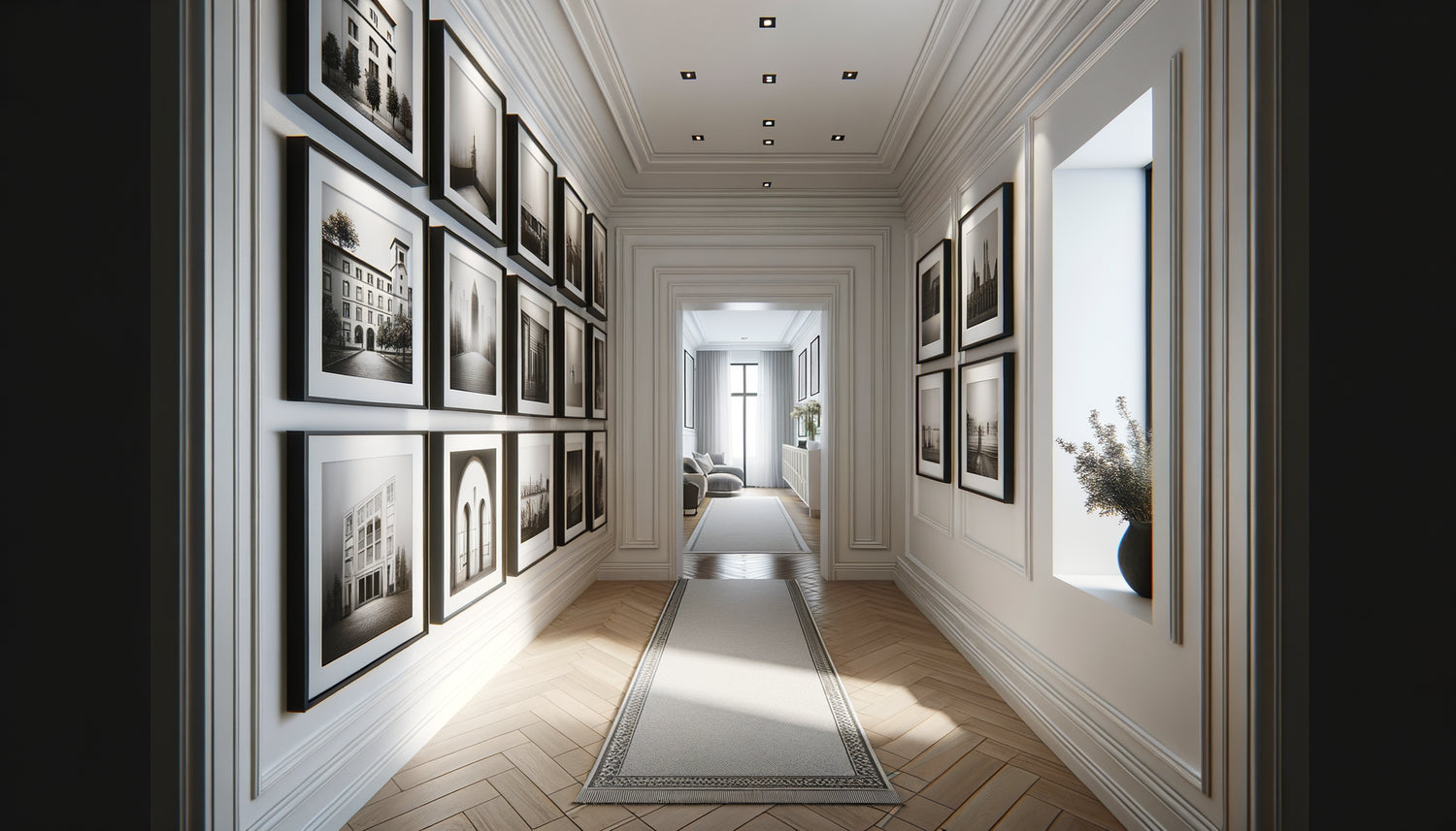 Couloir élégant avec galerie murale de photographies noir et blanc encadrées créant une atmosphère sophistiquée et intemporelle