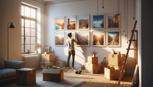 Personne accrochant photographies de voyages sur mur blanc pendant emménagement, cartons visibles, transformation espace anonyme en foyer