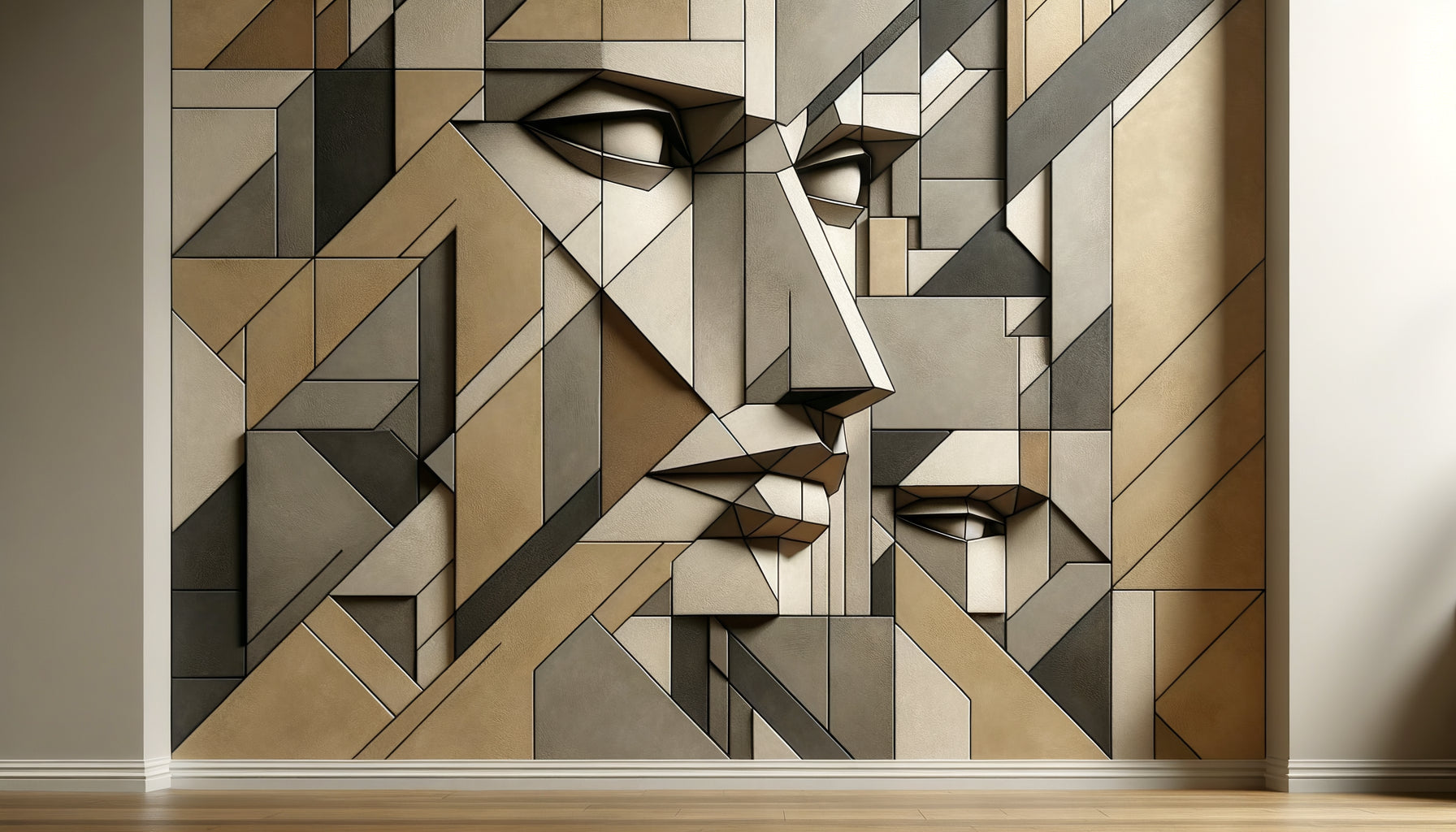 Fresque murale contemporaine inspirée du cubisme analytique de Picasso avec formes géométriques fragmentées et perspectives multiples