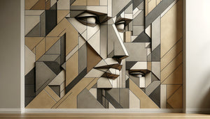 Fresque murale contemporaine inspirée du cubisme analytique de Picasso avec formes géométriques fragmentées et perspectives multiples