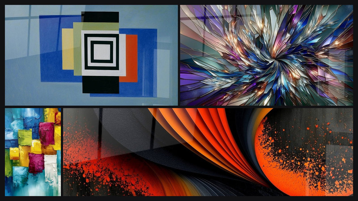 Mosaic of four paintings, including Geometric Utilitarian Synthesis, Radiance Fractal and Orange and Anthracite Ripple Wave