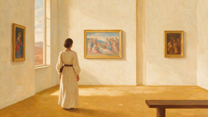 Un visiteur de dos devant un tableau de style Renaissance aux tons clairs, dans une salle de musée lumineuse et calme.