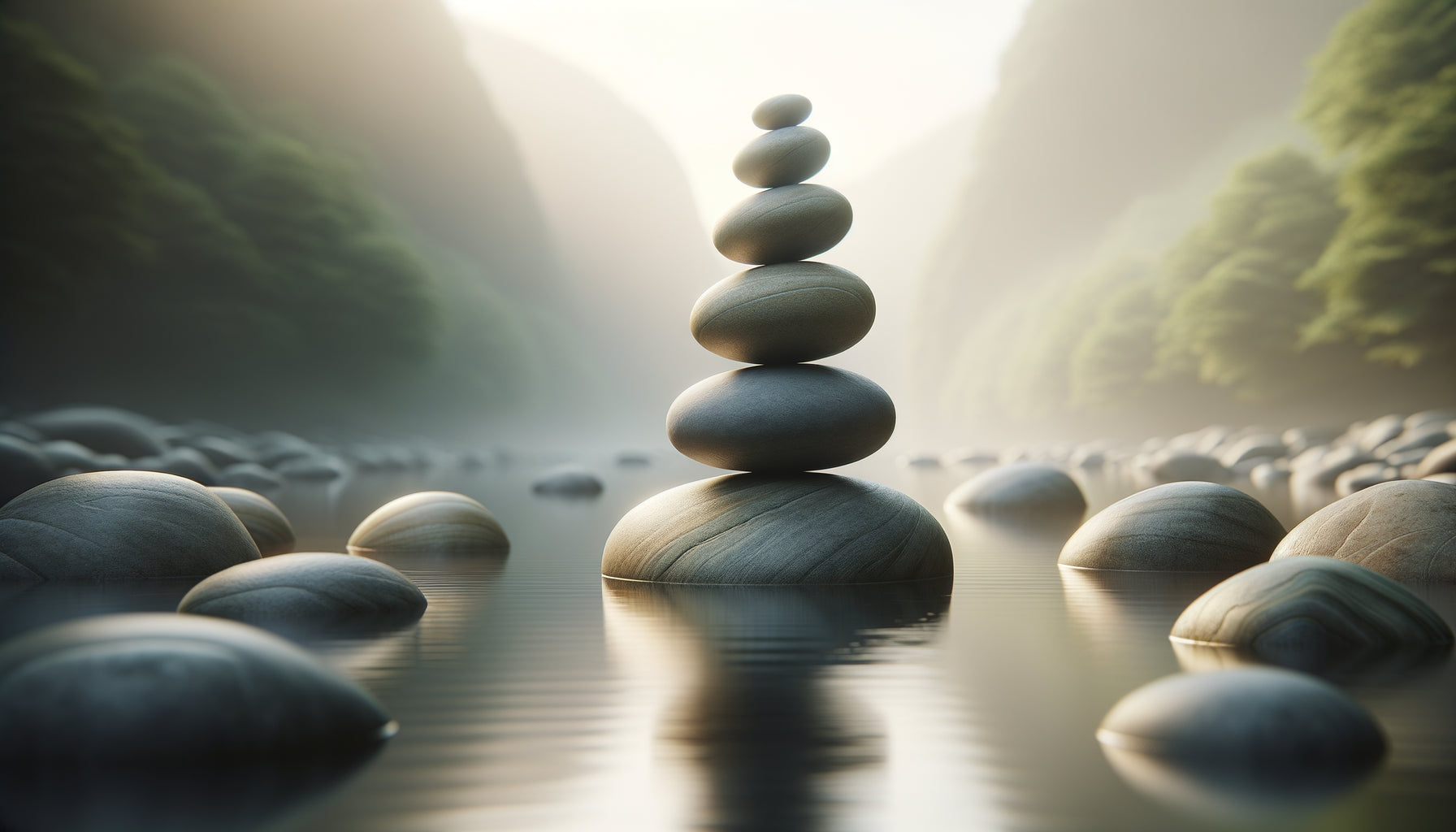 Photographie zen de pierres naturelles empilées en équilibre, symbolisant l'harmonie intérieure et la sérénité contemplative