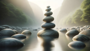 Photographie zen de pierres naturelles empilées en équilibre, symbolisant l'harmonie intérieure et la sérénité contemplative