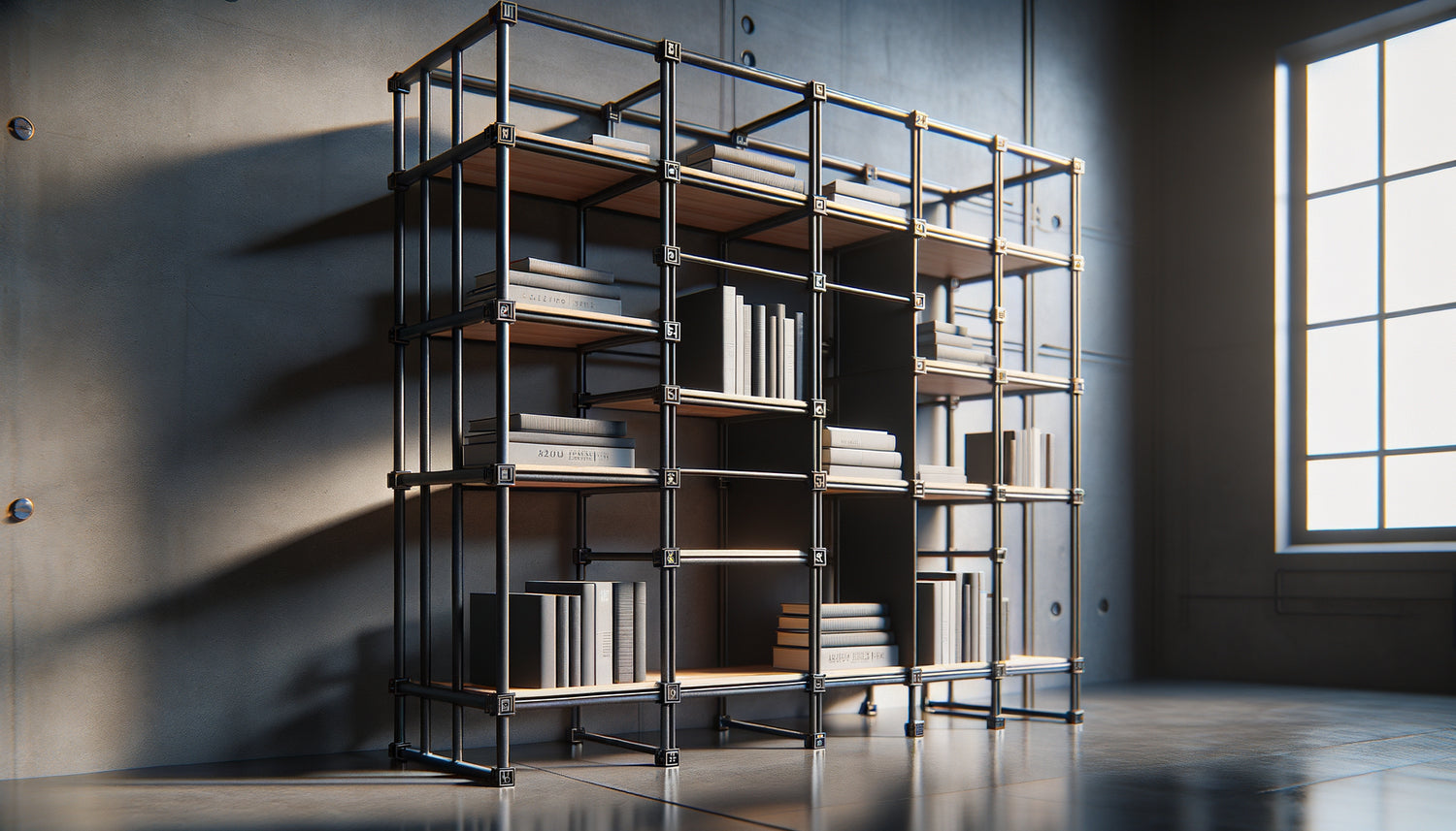 Structure de piètement métallique en tubes d'acier pour bibliothèque moderne supportant une charge de livres