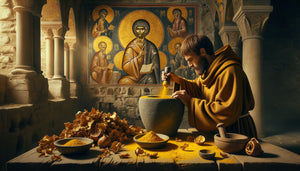 Moine byzantin préparant du pigment jaune à partir d'écorce de grenadier dans un monastère médiéval