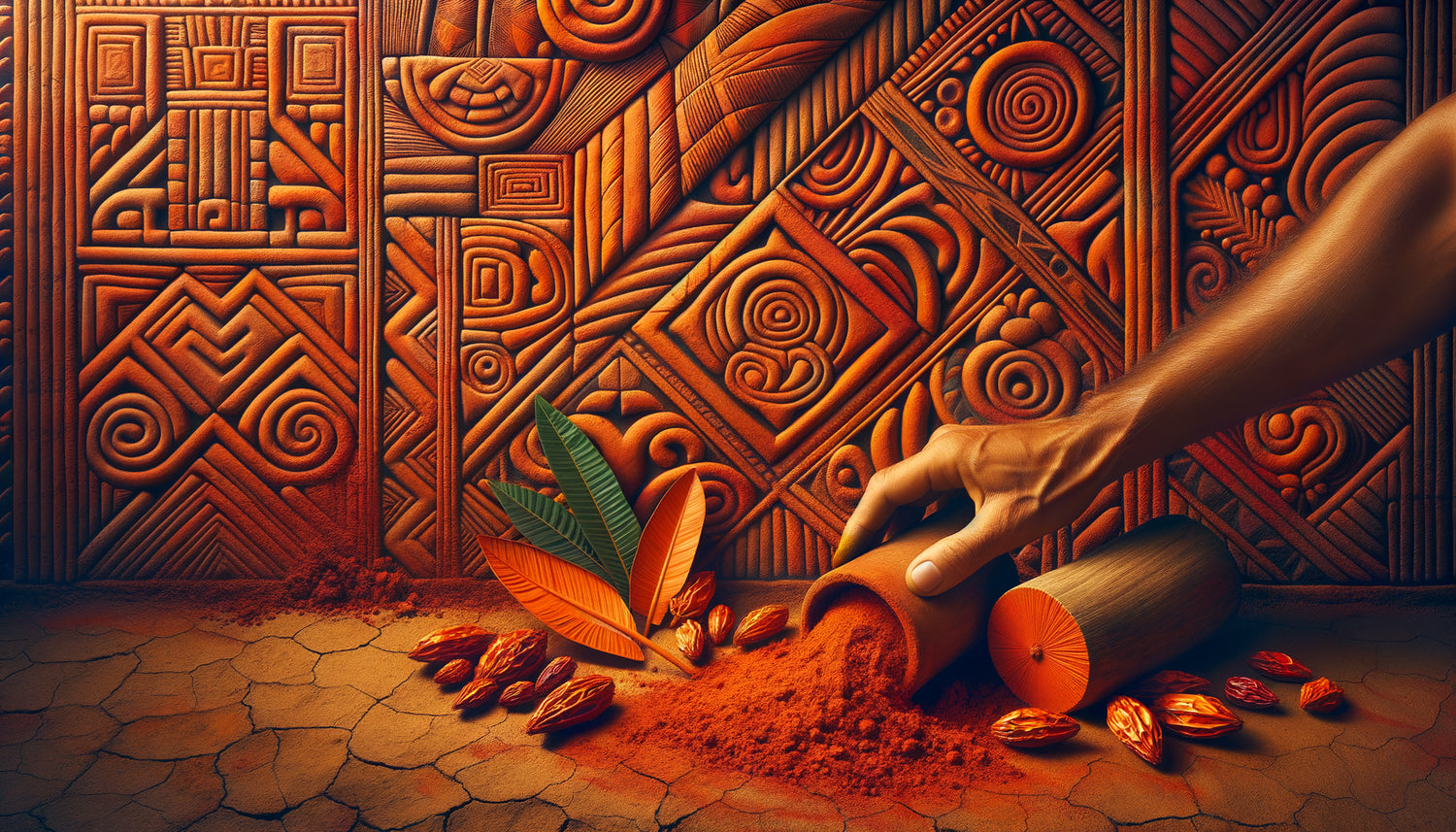 Application de pigment orange vif de graines de roucou sur mur selon technique ancestrale amérindienne traditionnelle