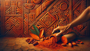 Application de pigment orange vif de graines de roucou sur mur selon technique ancestrale amérindienne traditionnelle
