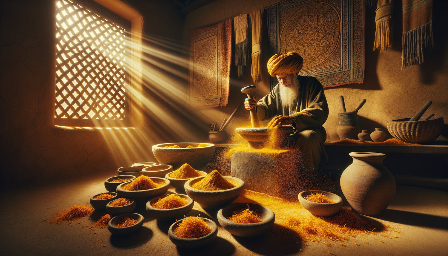 Artisan maghrébin préparant pigment jaune doré à base de safran sauvage selon technique ancestrale des fresques