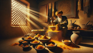 Artisan maghrébin préparant pigment jaune doré à base de safran sauvage selon technique ancestrale des fresques