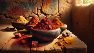 Pigments naturels de latérite rouge-orangé dans un contexte traditionnel tropical montrant leur résistance exceptionnelle au temps