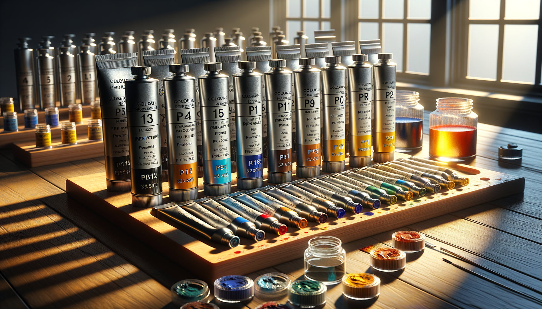 Tubes de peinture aux pigments photostables (phtalocyanines et oxydes de fer) exposés à la lumière solaire intense d'un atelier