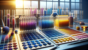 Échantillons de pigments photostables phtalocyanines, quinacridones et oxydes métalliques testés sous exposition solaire intense en laboratoire