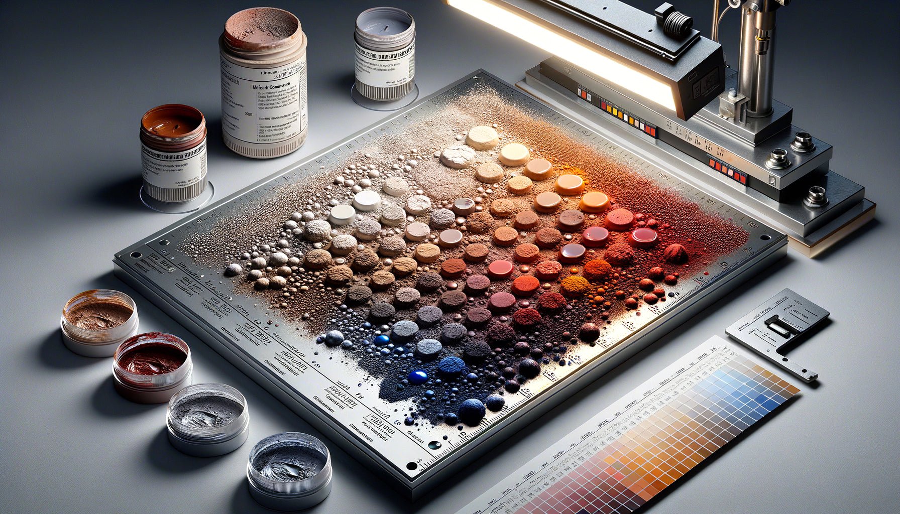 Échantillons de pigments résistants testés sous éclairage artificiel permanent : oxydes de fer, titane et phtalocyanines en laboratoire muséal