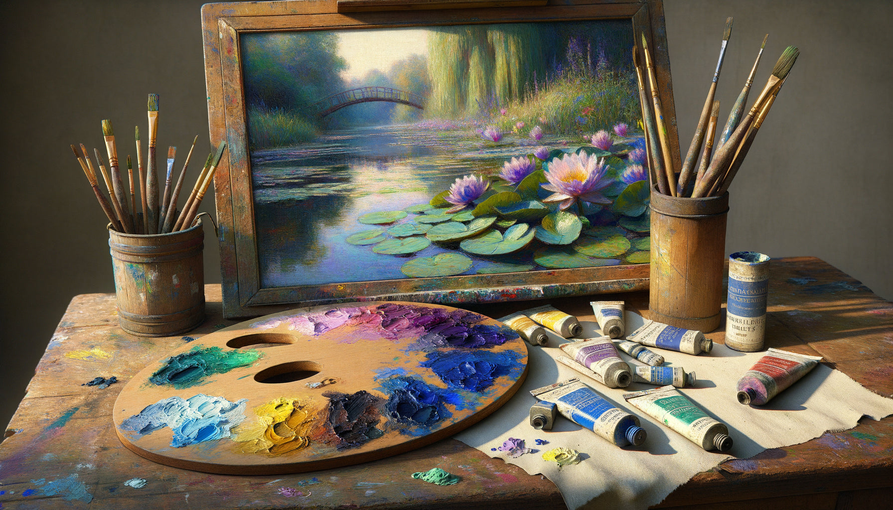Palette de peintre impressionniste années 1880 avec pigments synthétiques éclatants bleu outremer et violet mauve