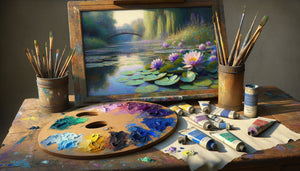 Palette de peintre impressionniste années 1880 avec pigments synthétiques éclatants bleu outremer et violet mauve