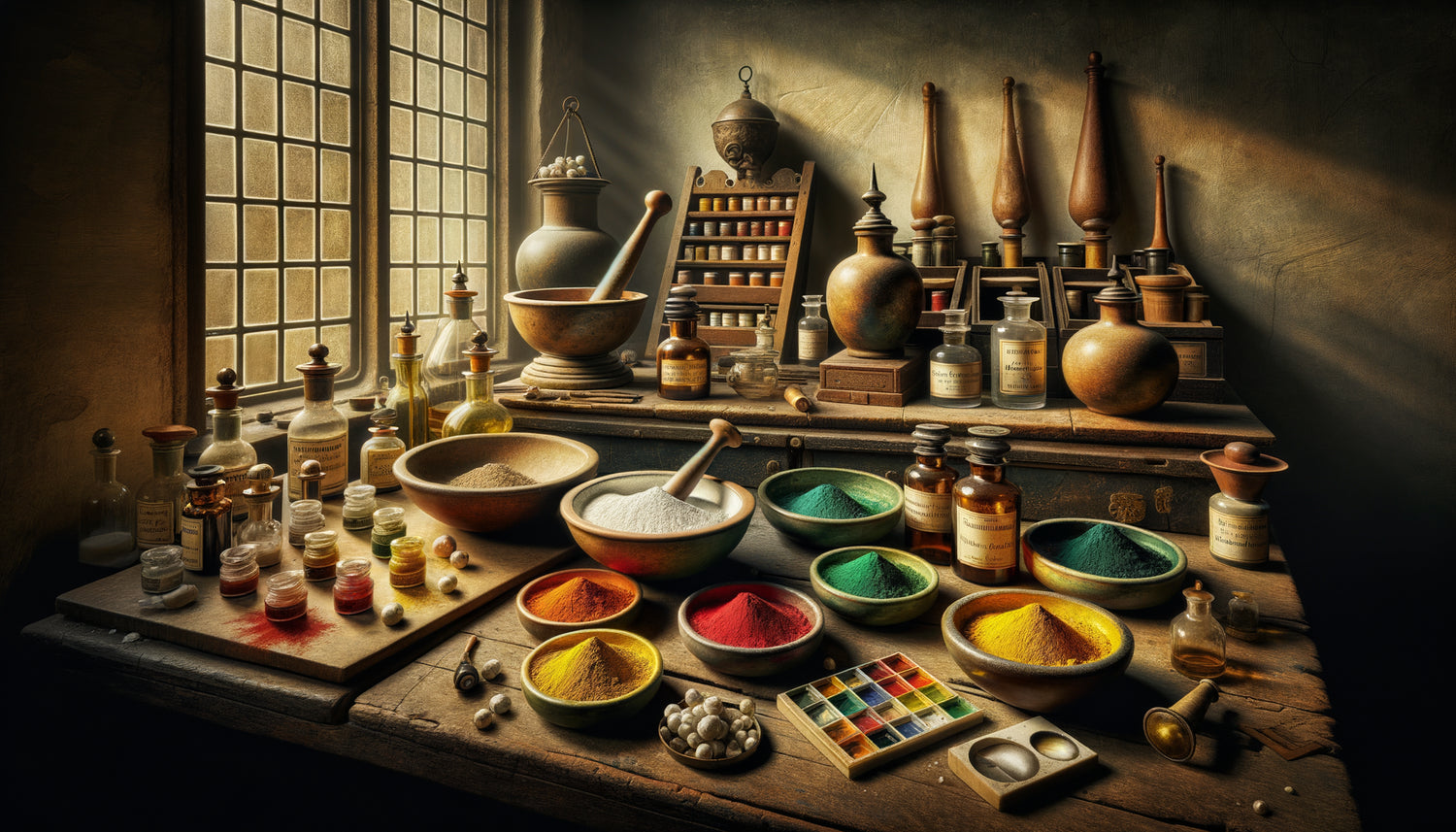 Atelier de maître ancien avec pigments toxiques authentiques: blanc de plomb, vermillon, verts arsenicaux dans bocaux d'époque
