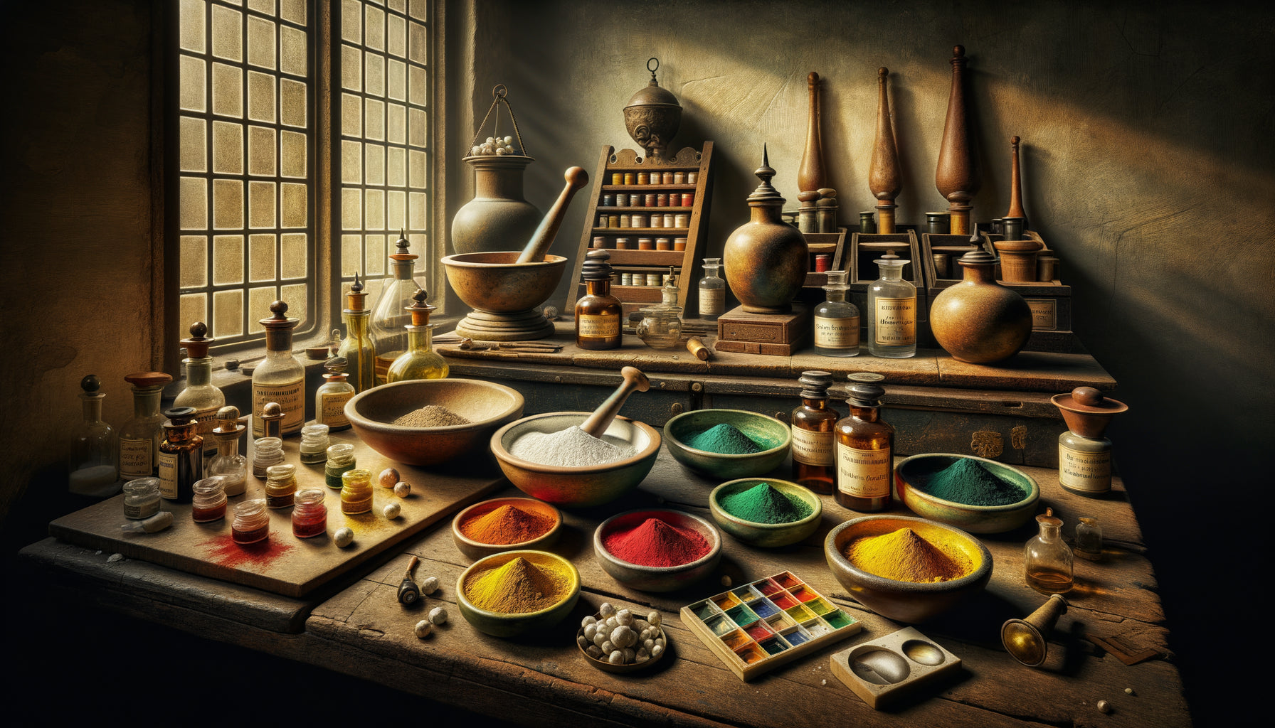Atelier de maître ancien avec pigments toxiques authentiques: blanc de plomb, vermillon, verts arsenicaux dans bocaux d'époque
