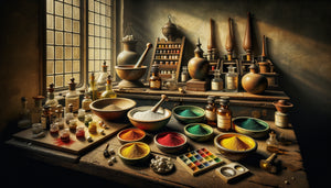 Atelier de maître ancien avec pigments toxiques authentiques: blanc de plomb, vermillon, verts arsenicaux dans bocaux d'époque
