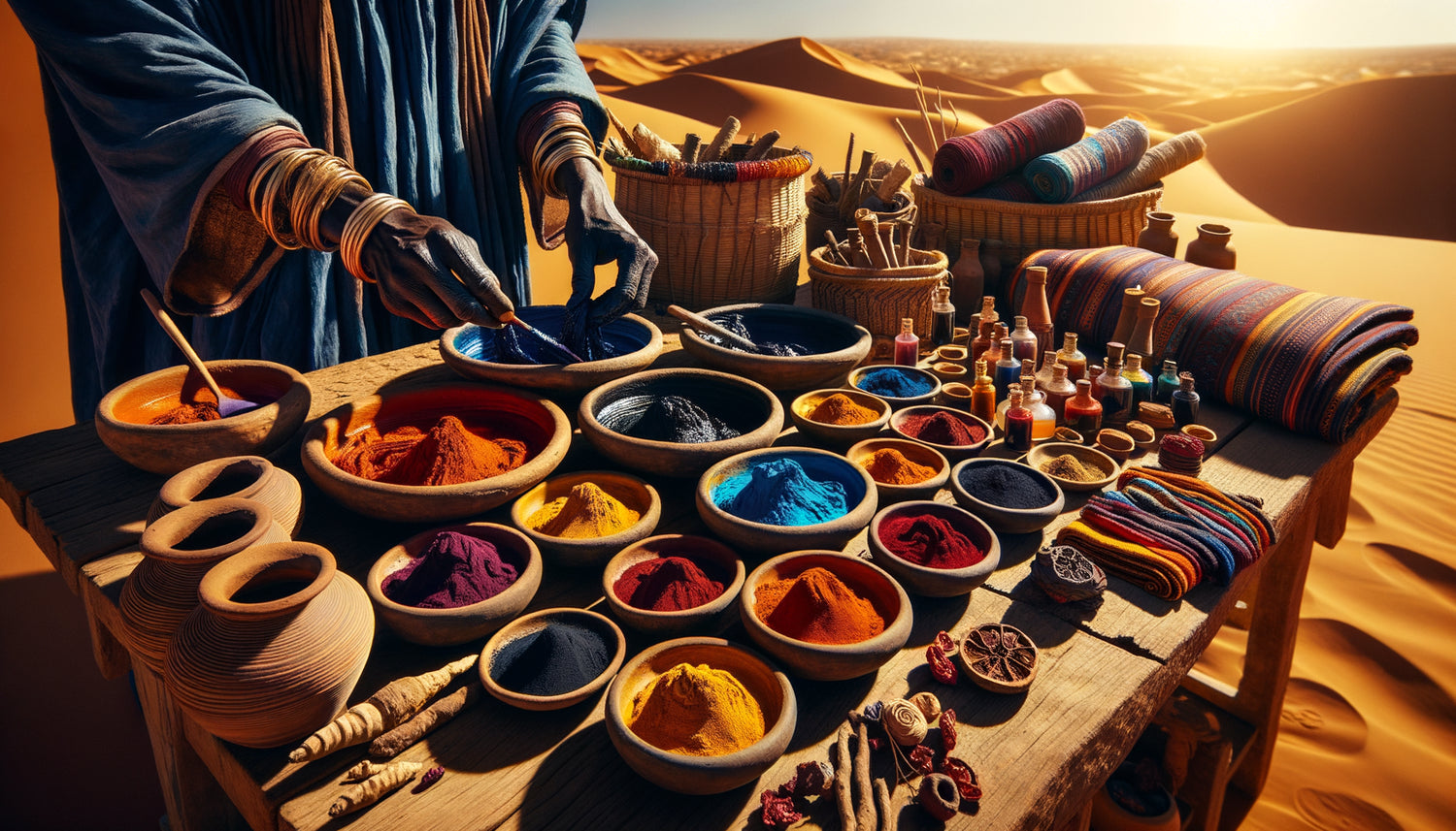 Artisan saharien travaillant avec pigments végétaux naturels et textiles teints traditionnels sous soleil intense du désert