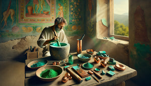 Atelier romain antique montrant la fabrication de pigments verts à base de cuivre oxydé, malachite et vert-de-gris broyés