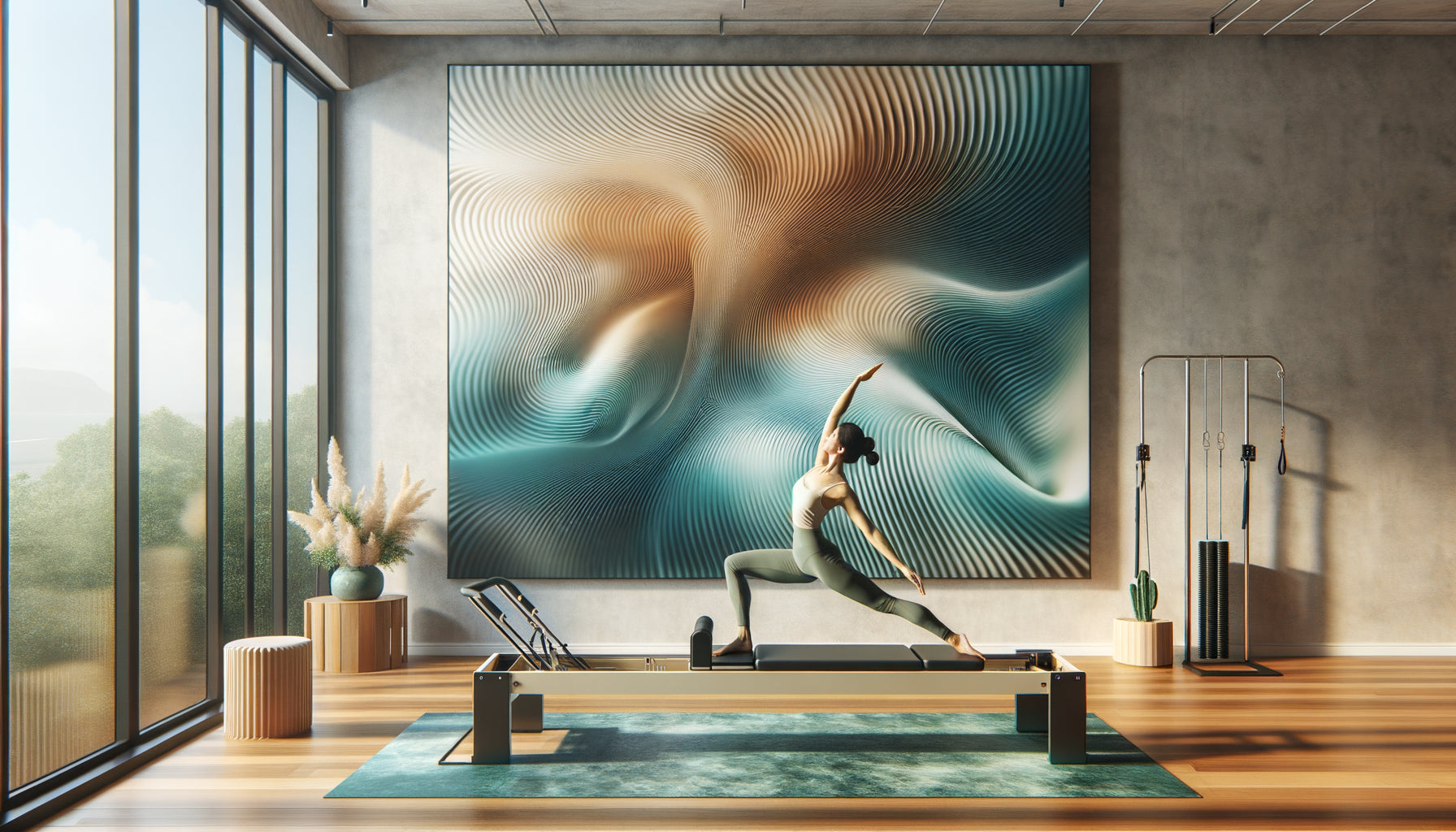 Pratique du Pilates dynamique dans studio moderne avec tableau à mouvement visuel fluide aux motifs ondulants bleus