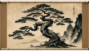 Peinture japonaise traditionnelle à l'encre représentant un pin tordu majestueux incarnant le wabi-sabi et la résilience
