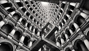 Détail de gravure architecturale fantastique style Piranèse XVIIIe siècle, perspective vertigineuse en noir et blanc