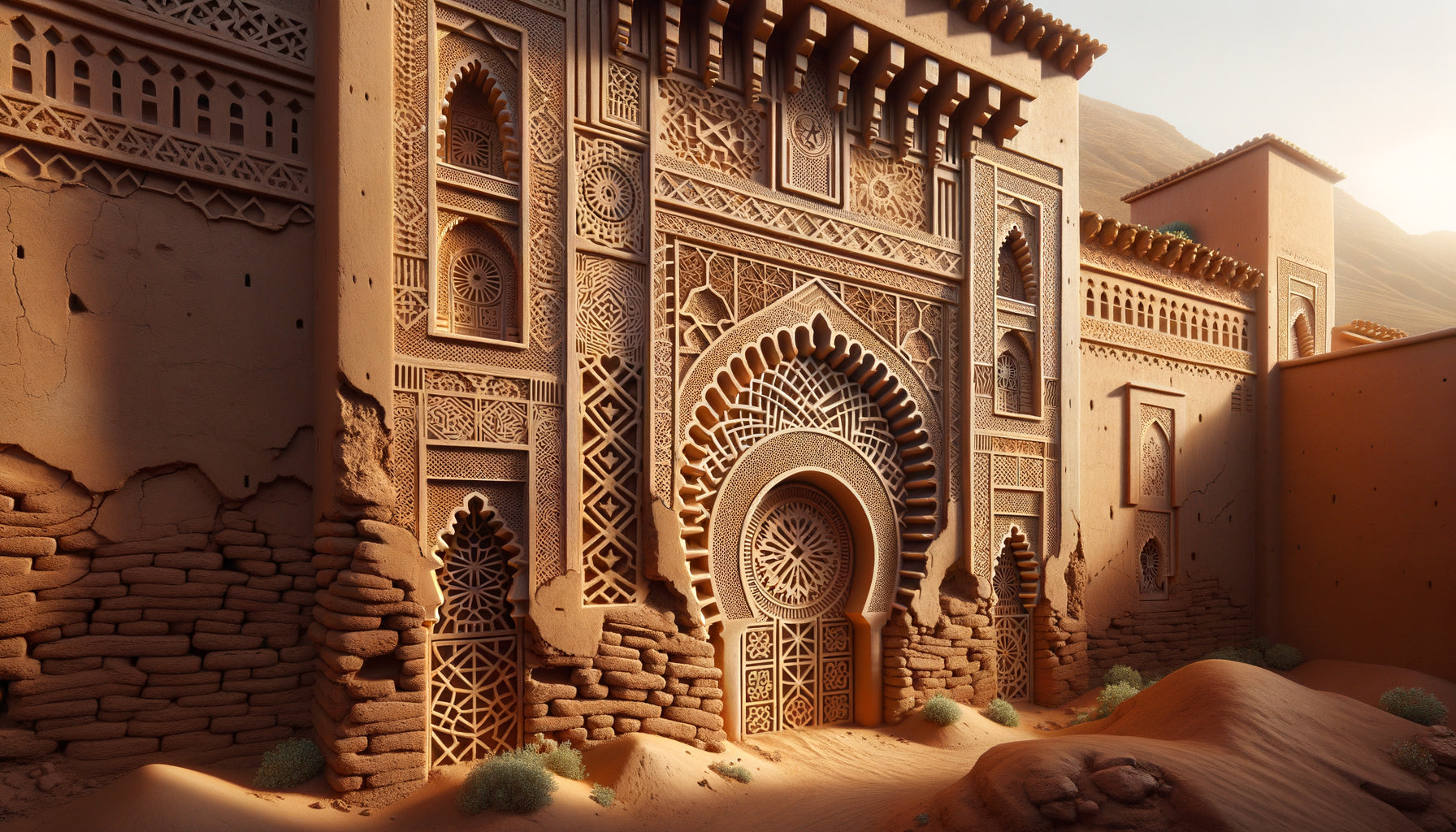 Détail de pisé décoratif sculpté sur mur de kasbah du Sud marocain avec motifs géométriques traditionnels en relief