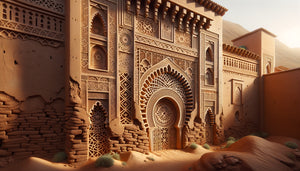 Détail de pisé décoratif sculpté sur mur de kasbah du Sud marocain avec motifs géométriques traditionnels en relief
