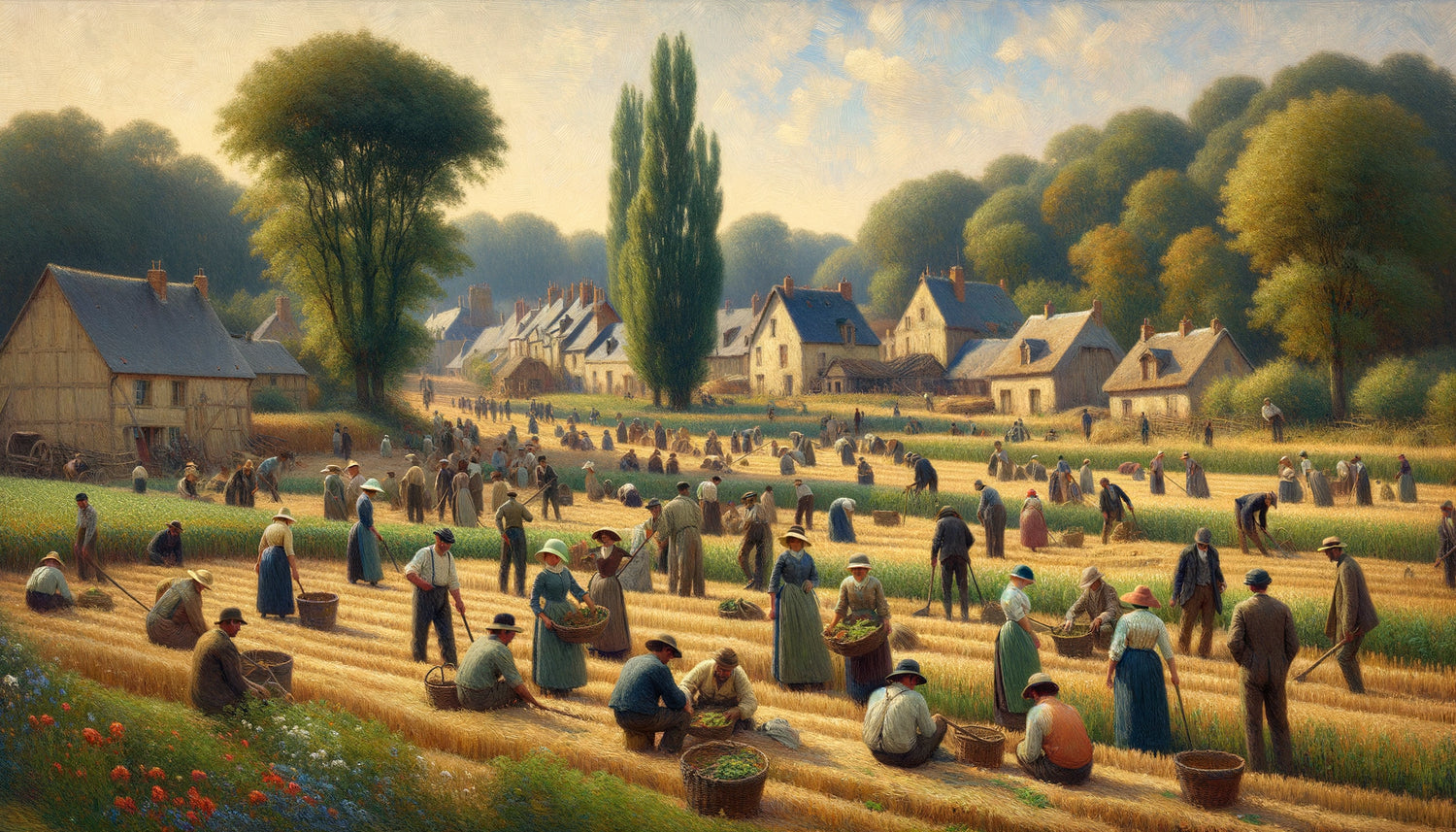 Peinture impressionniste style Pissarro années 1880, scène rurale française avec paysans au travail, composition égalitaire reflétant ses idéaux anarchistes