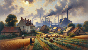Peinture impressionniste style Pissarro montrant un paysage rural français en transformation avec cheminées d'usines à l'horizon, années 1880-1890