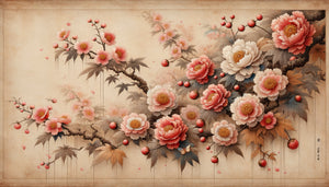 Peinture japonaise traditionnelle nihonga représentant pivoines et fleurs de cerisier évoquant le mono no aware et l'amour éphémère