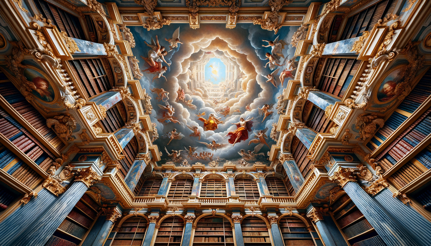 Plafond baroque de bibliothèque en trompe-l'œil avec perspective vertigineuse ouvrant sur un ciel céleste illusoire, technique du 17ème siècle