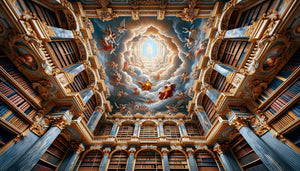 Plafond baroque de bibliothèque en trompe-l'œil avec perspective vertigineuse ouvrant sur un ciel céleste illusoire, technique du 17ème siècle