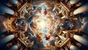 Fresque de plafond baroque illusionniste créant une ouverture céleste infinie avec perspective vertigineuse et figures ascensionnelles
