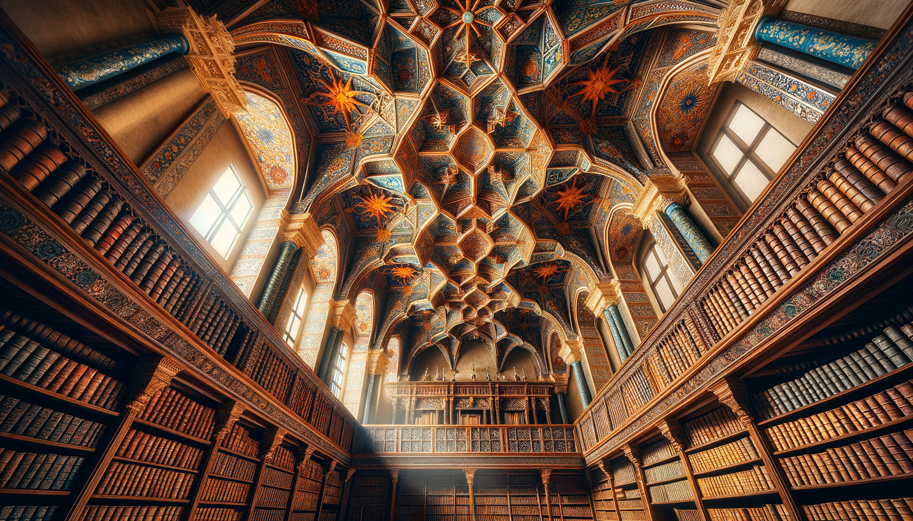 Plafond mudéjar peint à motifs géométriques islamiques dans bibliothèque conventuelle coloniale espagnole du 16ème siècle