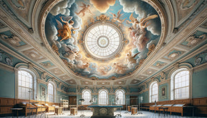 Plafond peint mythologique du XIXe siècle dans une salle d'opération historique avec fresques célestes et architecture médicale d'époque