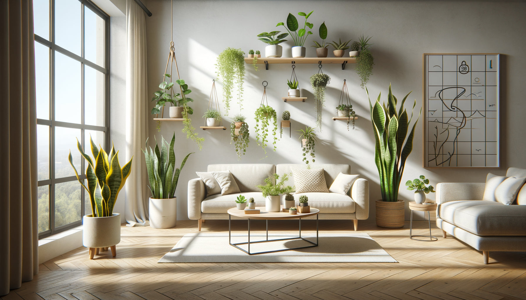 Salon Airbnb moderne avec plantes d'intérieur sans entretien : sansevieria, pothos, plante ZZ et succulentes dans décor minimaliste